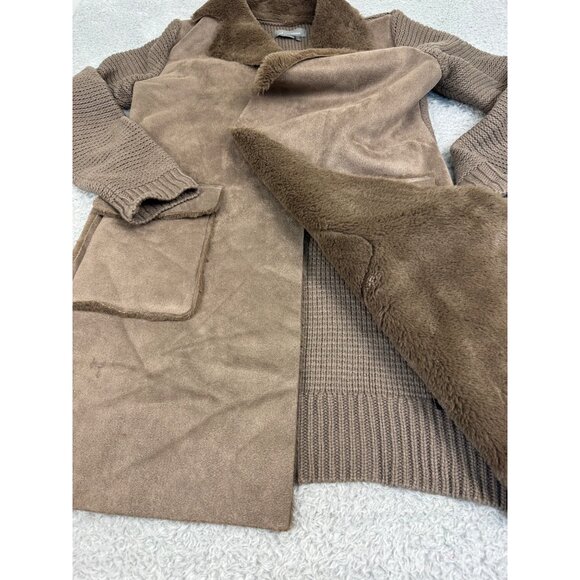 Anthropologie Womens M Taupe Faux Suede & Knit Long Coat W/Faux Shearling Collar - Picture 11 of 13